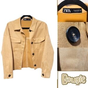 Zara Faux Suede Cropped Shacket Overshirt Jacket Tan Beige Large L